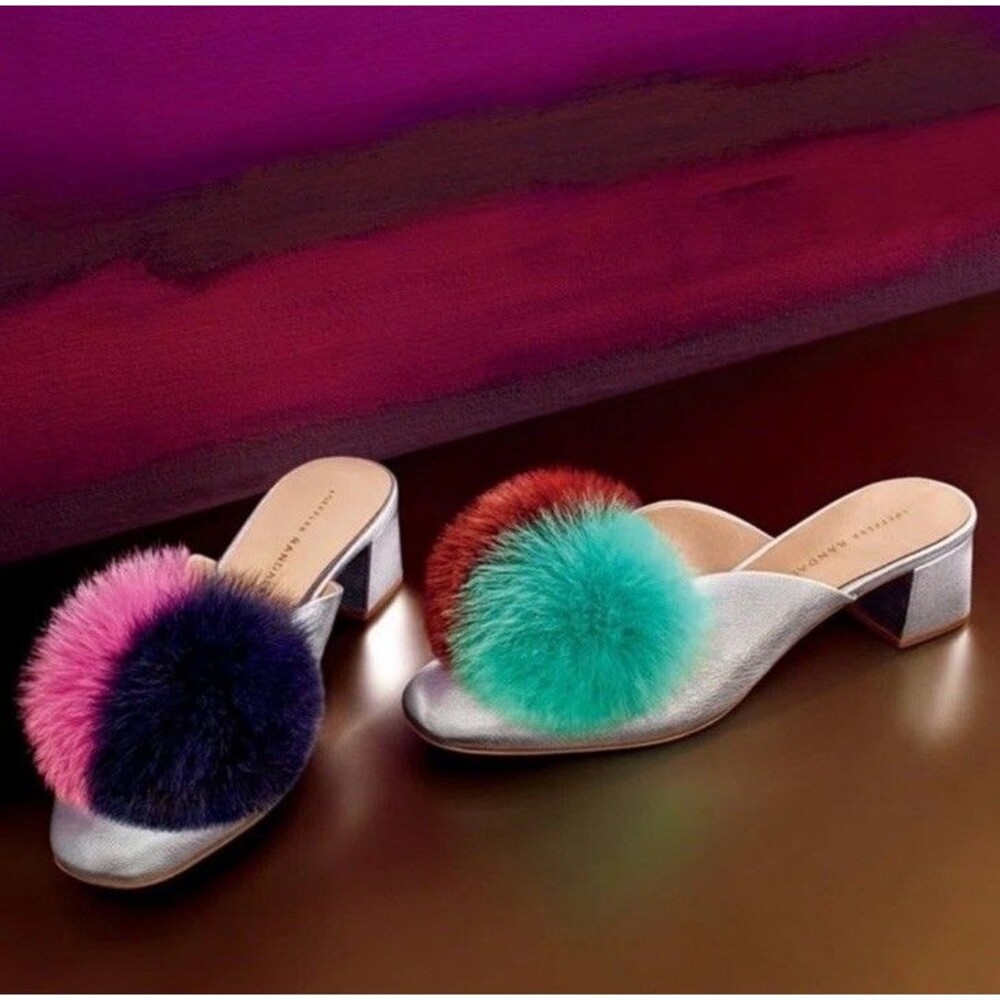 LOEFFLER RANDALL Lulu Fox Fur Pom Pom Block Heel Mules Silver Multicolor Size 6B